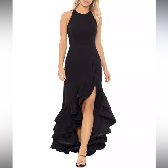NWT Black Tiered Ruffles Scuba Crepe Gown - Picture 3 of 7